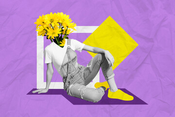 Creative vibe trend collage of bright young person with yellow daisy face enjoying spring time...