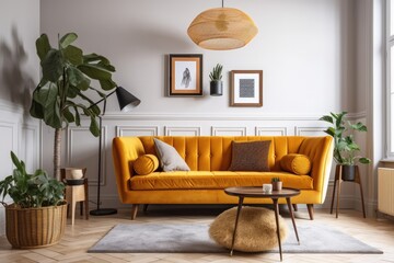 Retro vintage living room with yellow couch, marble coffee table, faux poster frame, plants, décor, and stylish personal items. Template. Generative AI