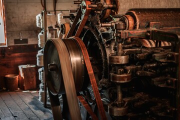 Closeup of the old-fashioned metal parts and mechanisms in the wooden room