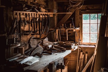 Old-fashioned metal parts and mechanisms in the wooden room