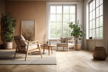 Naklejka na ściany i meble Modern living room with warm colors with armchair, minimalist style. Generative AI