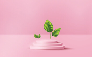 Pink Podium Background with green leaves. vector podium Background for product showcase