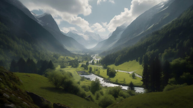 Landscape shot of a beautiful lush valley. Generative AI.