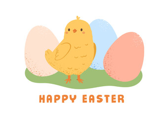 Happy Easter Day, card design with cute funny chicken and colored dyed eggs. Spring holiday postcard with baby bird, yellow chick. Flat vector illustration isolated on white background