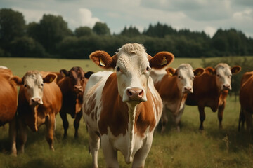 Herd of cows eating grass on the glade. Generative AI	
