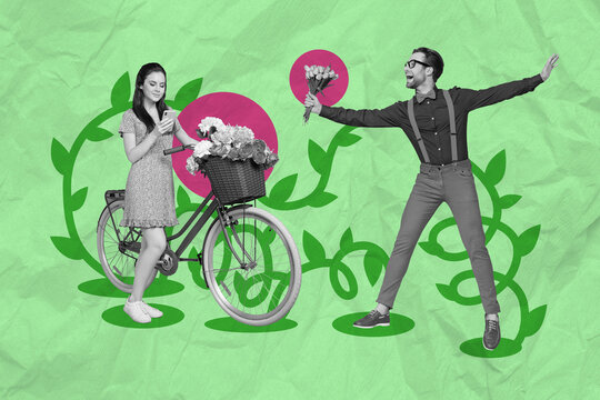 Composite collage picture of black white gamma guy hold flowers bouquet greeting girl bicycle use smart phone isolated on green background