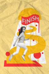 Vertical collage portrait of positive black white colors girl running rush finish flag path isolated on painted beige background