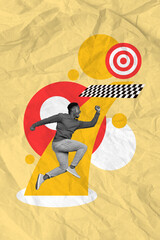 Creative banner poster collage of determined young guy athlete run sprint marathon fast achieve finish line target mission