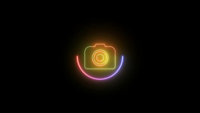 Neon camera icon animation . glowing logo icon animated.