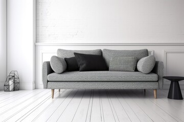 Couch in black and white with pillows against a white studio wall. Scandinavian interior design example of a single sofa in a living room. Generative AI - obrazy, fototapety, plakaty