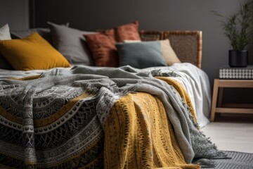 detail of boho lounge area with comfort bed, soft grey blanket, and color cushions, relaxation idea. Generative AI