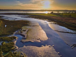 Aerial view of the Levington Creek on the Orwell river at sunset in Suffolk, England