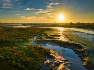 Beautiful view of the Levington Creek on the Orwell river at sunset in Suffolk, England