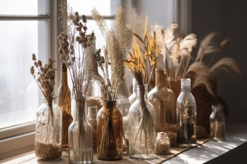 floor arrangement of dried flowers in glass bottles. Dried flowers in comfortable Scandinavian room. Generative AI