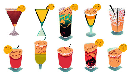 Several cocktails. One set. Transparent. Vector Style. Simple.