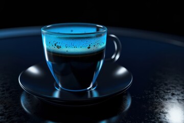 Obraz na płótnie Canvas A blue cup of coffee with milk foam on a black table. Blue neon lights. Generative AI.