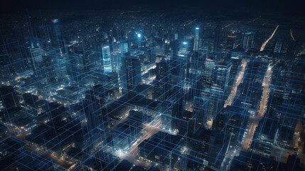 Smart City downtown with blue lines visualizing a big data network created with generative AI