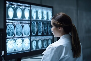 Neuroscientist looking at TV screen, analyzing brain Scan MRI Images, finding treatment for patient - obrazy, fototapety, plakaty