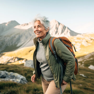 Active Mature woman walking or hiking outdoors, AI generated