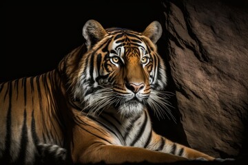 Fototapeta na wymiar Portrait of tiger on black background, Panthera tigris altaica. Generative AI