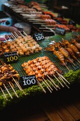 Closeup of several food items on a grill at a market