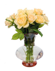 Bouquet of yellow tea roses in a glass vase isolated