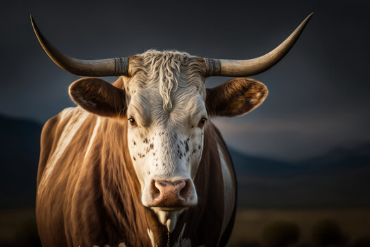 Portrait of a cow with long horns on the background of mountains, Generative AI