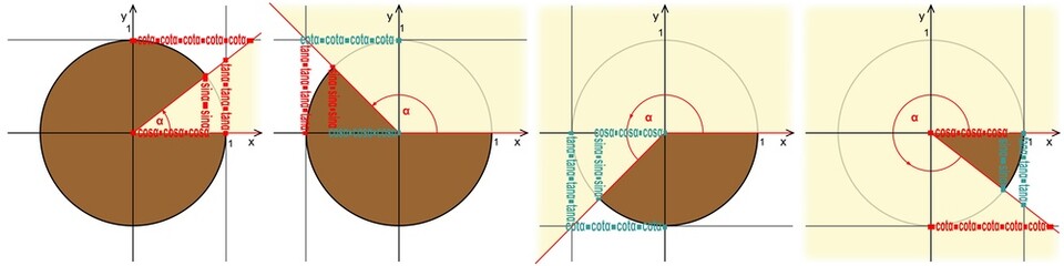 Trigonometric circle. Presentation of functions sine, cosine, tangent and cotangent on the trigonometric circle. - obrazy, fototapety, plakaty