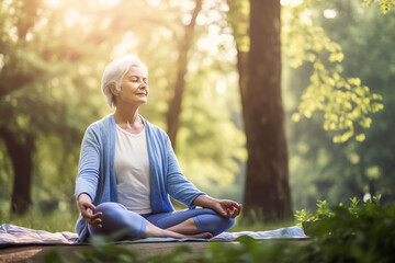 Mature woman practicing yoga and meditation outdoor, AI generated