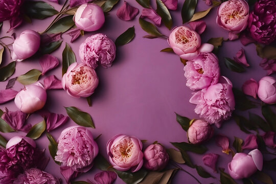 frame of purple roses and peonies and purple background © Siarhei