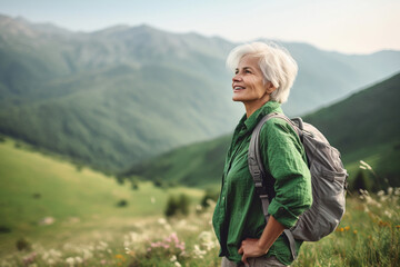 Active Mature woman walking or hiking outdoors, AI generated