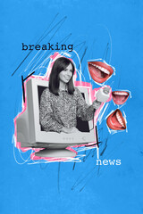 Vertical collage image of positive black white effect girl reporter inside pc monitor hold...