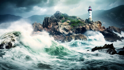 Lighthouse in the stormy sea. Generative AI. 