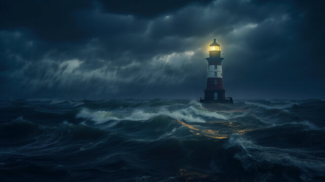 Lighthouse in the stormy night. Generative AI. 