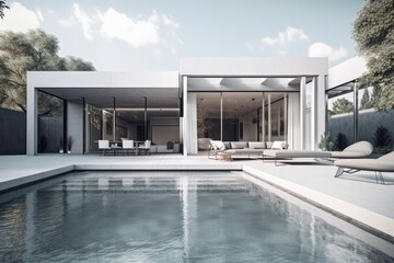 modern house with a pool and lounge chairs in the backyard. Generative AI