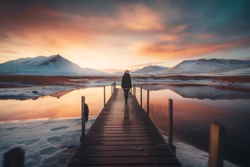 Poster Mystical Nordic snowy landscape with mountains in the background, a person standing on a high mountain overlooking a lake at sunset, Generative AI © spreephoto