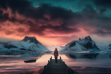 Naklejka na ściany i meble Mystical Nordic snowy landscape with mountains in the background, a person standing on a high mountain overlooking a lake at sunset, Generative AI