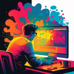 colorful illustration of a designer in front of his computer, created by generative ai