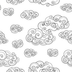 Fairytale Weather Forecast Seamless Pattern. Endless Texture with Cloudy Sky. Fantasy Cartoon Design. Vector Contour Illustration. Coloring Book Page