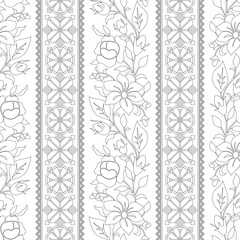 Seamless Pattern with Rose and Mallow Inspired by Ukrainian Traditional Embroidery. Ethnic Floral Motif, Handmade Craft Art. Vertical Oriented Stripes. Coloring Book Page. Vector Contour Illustration