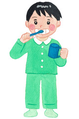 水彩画の歯磨きする小学生男子