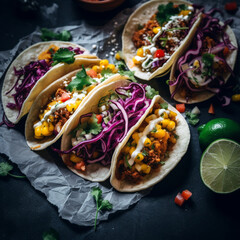 Delicious tacos on a concrete table, backlit for a vibrant street food look with high detail, Created with generative Ai Technology.