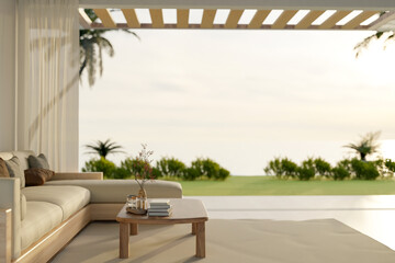 Side view of a beautiful outdoor relaxation lounge exterior design with comfortable couch