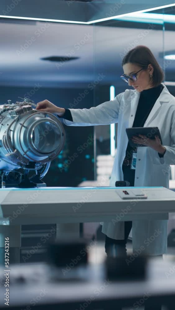 Poster vertical screen: young industrial turbine specialist in glasses standing at a table with an innovati