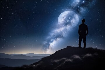 A man stands watching with wonder and amazement as the moon and milky way galaxy fill the night sky. Night time landscape. Photo composite. Generative AI