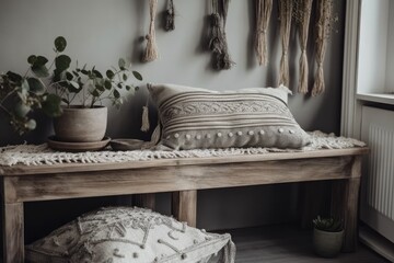 Gray backed boho cushion. Wooden seat with pillows. Decor. Vase of plant ears. Generative AI