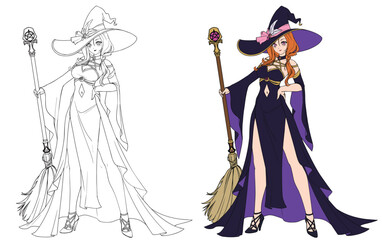 Anime witch wearing spooky dress holding broom.