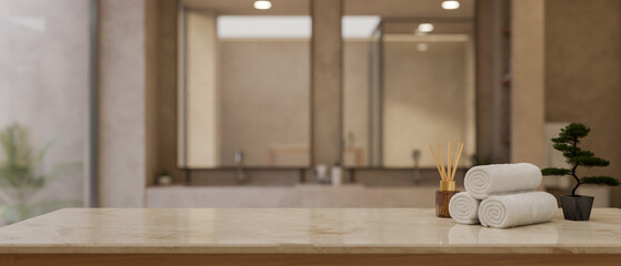 Close-up image of mockup space on tabletop over blurred background of modern luxury bathroom