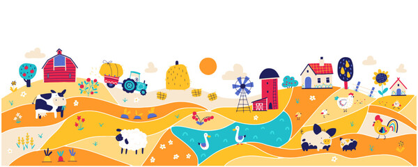 Farm landscape composition. Country house and barn with funny pets and birds. Trendy doodle style, bright limited palette on white background, perfect for print.