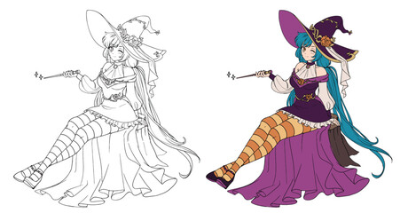 Anime witch sitting on stump holding wand.